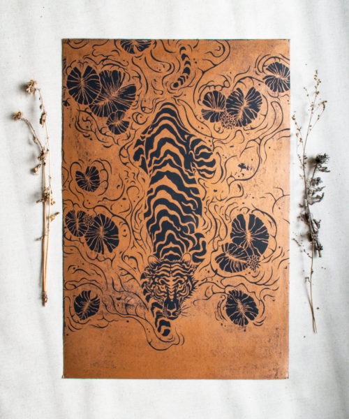 Black tiger linocut copper ink on black paper blockprint art mateusz olbrycht