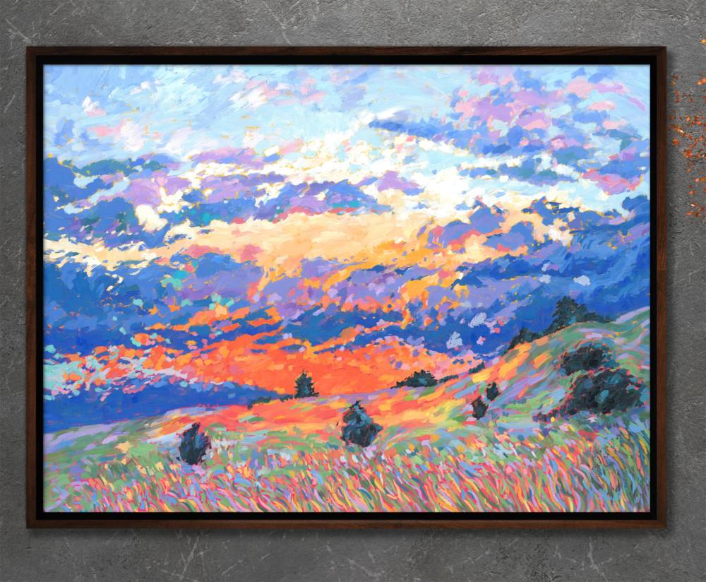 Sunny fields oil painting in wooden frame